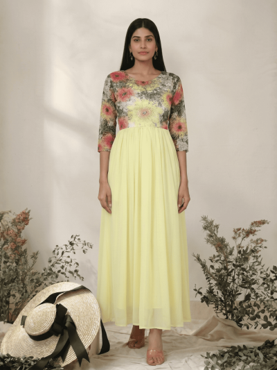 Women's Lemon Gown In Georgette And Sunflower Print Net Yoke