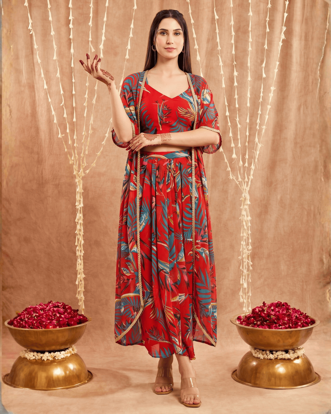 Women's Red base Leaf print Georgette Blouse, Cape, Dhoti drape Skirt set
