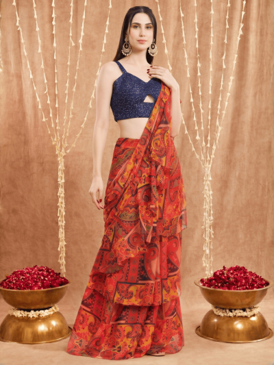 Women's Printed Chiffon Red base Multitier Ruffle Saree, Sequins Blouse set