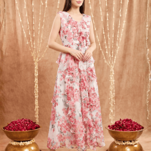Women's Chiffon white base Floral print Ruffle Dress