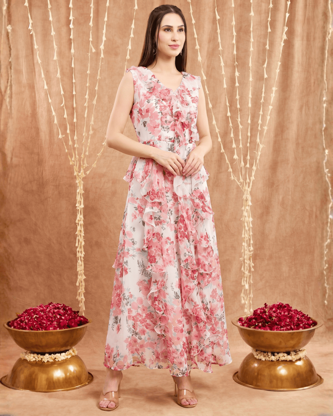 Women's Chiffon white base Floral print Ruffle Dress