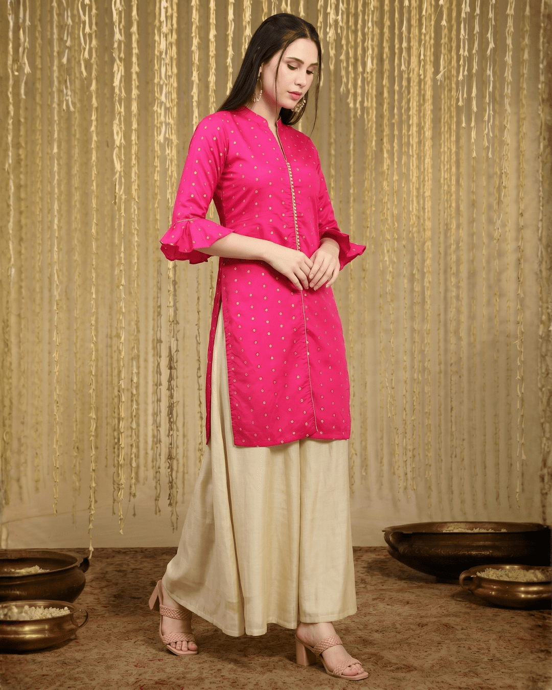 Zari woven Tafetta Kurti with Potli button: Redefining Festive Glamour