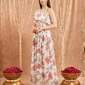 Women's One Shoulder Floral Printed Georgette Dress White base