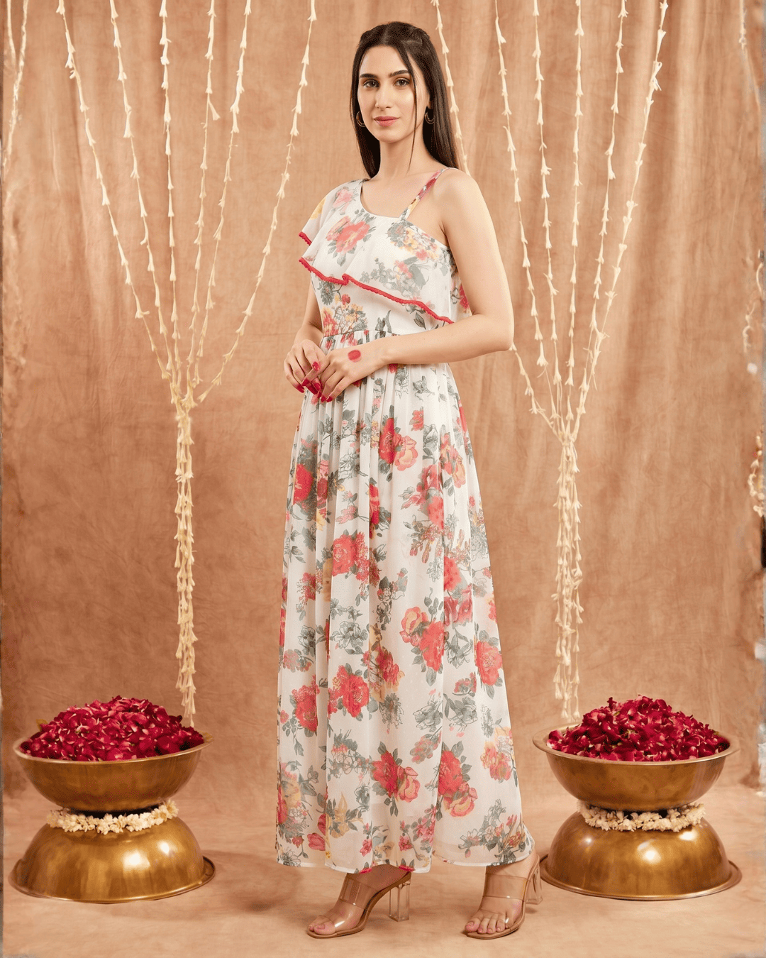 Women's One Shoulder Floral Printed Georgette Dress White base