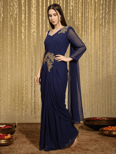 Women's Dark Blue Georgette Pleats Drape Saree, Blouse set with Embroidered Patches