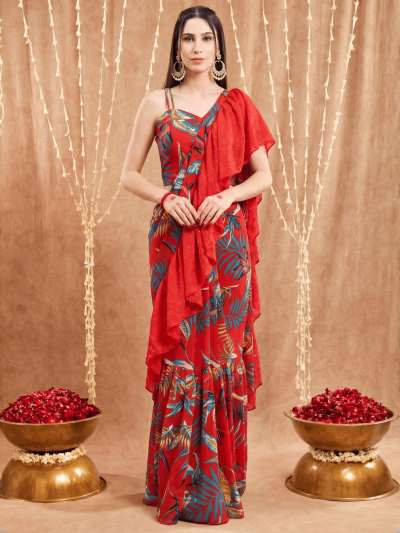 Women's Red base Leaf print Georgette Ruffle Saree, Blouse set