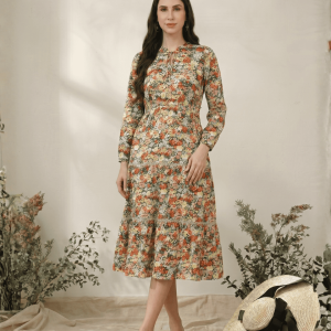Women's Floral print Black base Rayon Dress with Fagotting Cotton Lace