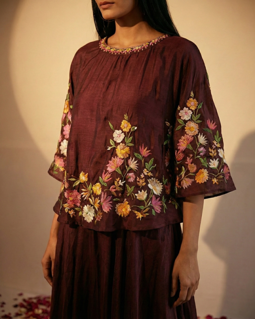 embroidered maroon dress