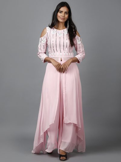 Pink Sequins Work Georgette Kurta Set with Pallazo